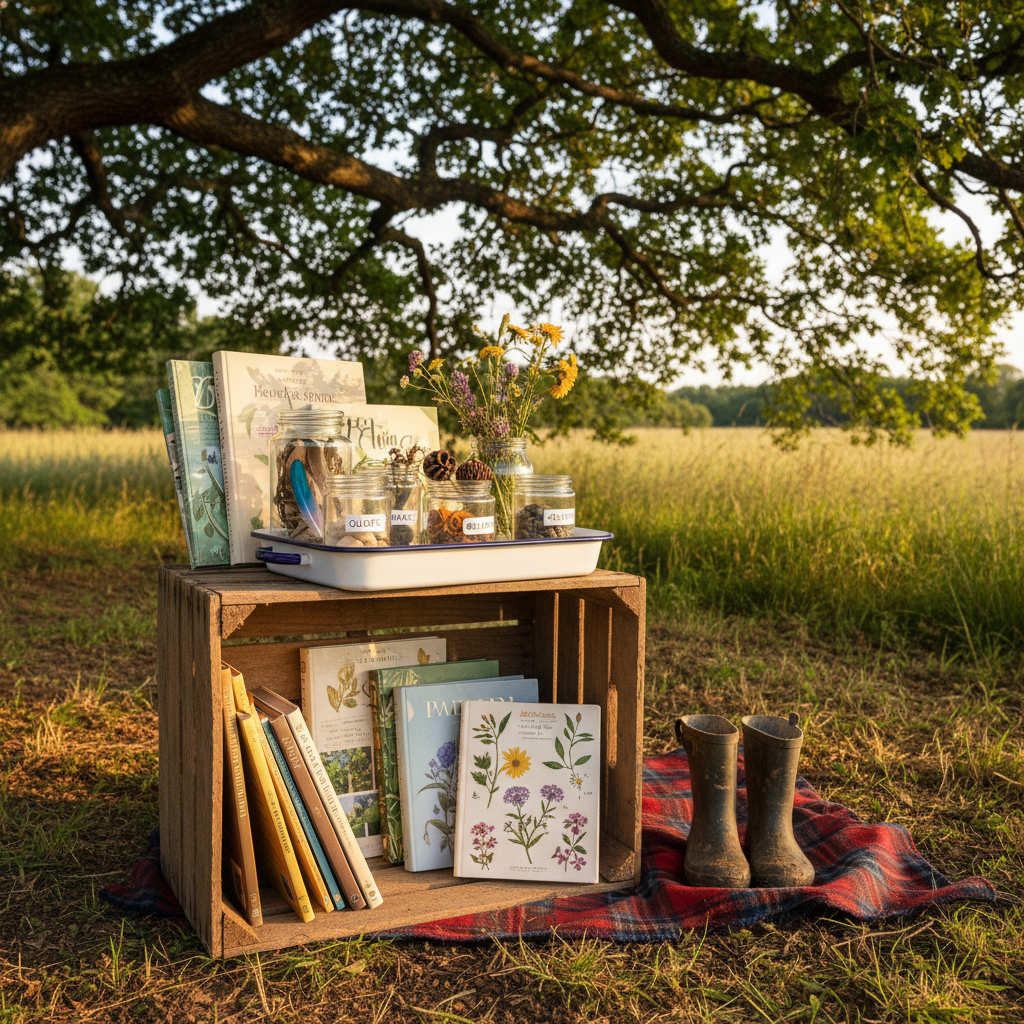An outdoor learning station beneath a broad shade tree, consisting of a sturdy wooden crate turned on its side as a bookshelf, filled with field guides, nature journals, and slim picture books with botanical covers. On top of the crate, a simple enamel tray holds jars of collected treasures: feathers, labeled stones, seed pods, and pressed flowers. A pair of small, mud-caked boots sits beside the crate, resting on a plaid wool blanket spread over slightly uneven ground. Late afternoon sunlight filters through leaves, creating dappled patterns across the books and blanket. Photographic realism, low-angle composition with a gentle background blur of meadow grasses, conveying a peaceful, refined approach to outdoor education.