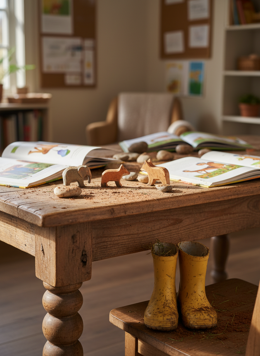 A weathered wooden farmhouse table scattered with open picture books, smooth river stones, and small wooden animal figures, all lightly dusted with dry mud at the edges as if brought in from the garden. A pair of tiny, well-worn rubber boots stands near the table leg, caked with dried earth and flecks of grass. Soft morning light pours through an unseen window, casting gentle, elongated shadows and warm highlights across the grain of the wood. Photographic realism, eye-level composition with shallow depth of field, keeping the boots and books crisply in focus while the background softly blurs into a calm, neutral-toned homeschool space, creating a sophisticated yet cozy atmosphere of quiet, intentional learning.