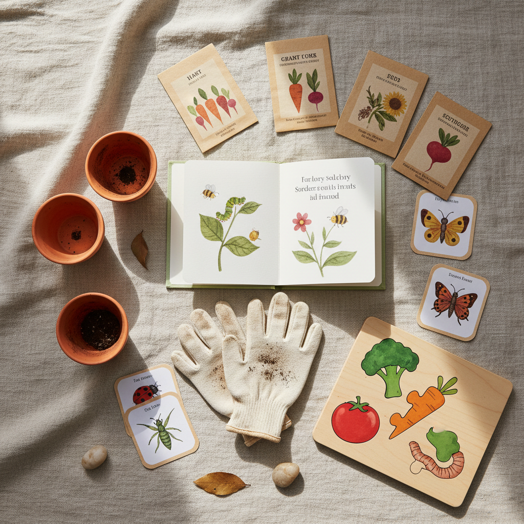 A carefully curated flat lay on a linen cloth in soft oatmeal tones, featuring a week’s worth of toddler activity materials for a garden-themed homeschool unit. There are small clay pots with traces of soil, seed packets in muted watercolor designs, wooden vegetable puzzles, laminated picture cards of insects, and a slim, clothbound nature storybook opened to an illustration. A miniature pair of dirt-smudged gardening gloves lies near the center. Indirect window light from the top of the frame creates gentle shadows and subtle highlights, lending a quiet, sophisticated clarity. Photographic realism with sharp focus across the scene and a balanced, editorial composition, ideal for a blog post about intentional, nature-based toddler activities.