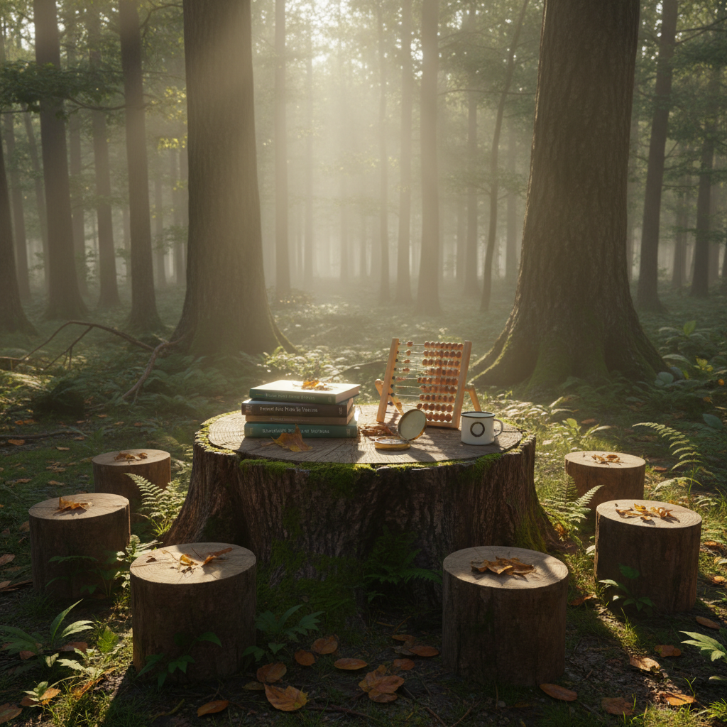A serene woodland clearing transformed into an outdoor classroom, centered on a large, flat tree stump used as a table. On its moss-edged surface rest a stack of nature readers, a simple wooden abacus, a compass, and a small enamel mug with dried leaf stains inside. Around the stump, a semicircle of low log seats shows faint traces of mud and leaf litter. Early morning light filters through tall trees, sending pale shafts of light and soft mist across the scene. Photographic realism, wide-angle shot with the stump in sharp focus and the forest gently receding into softness, capturing a quiet, sophisticated sense of wild learning space.