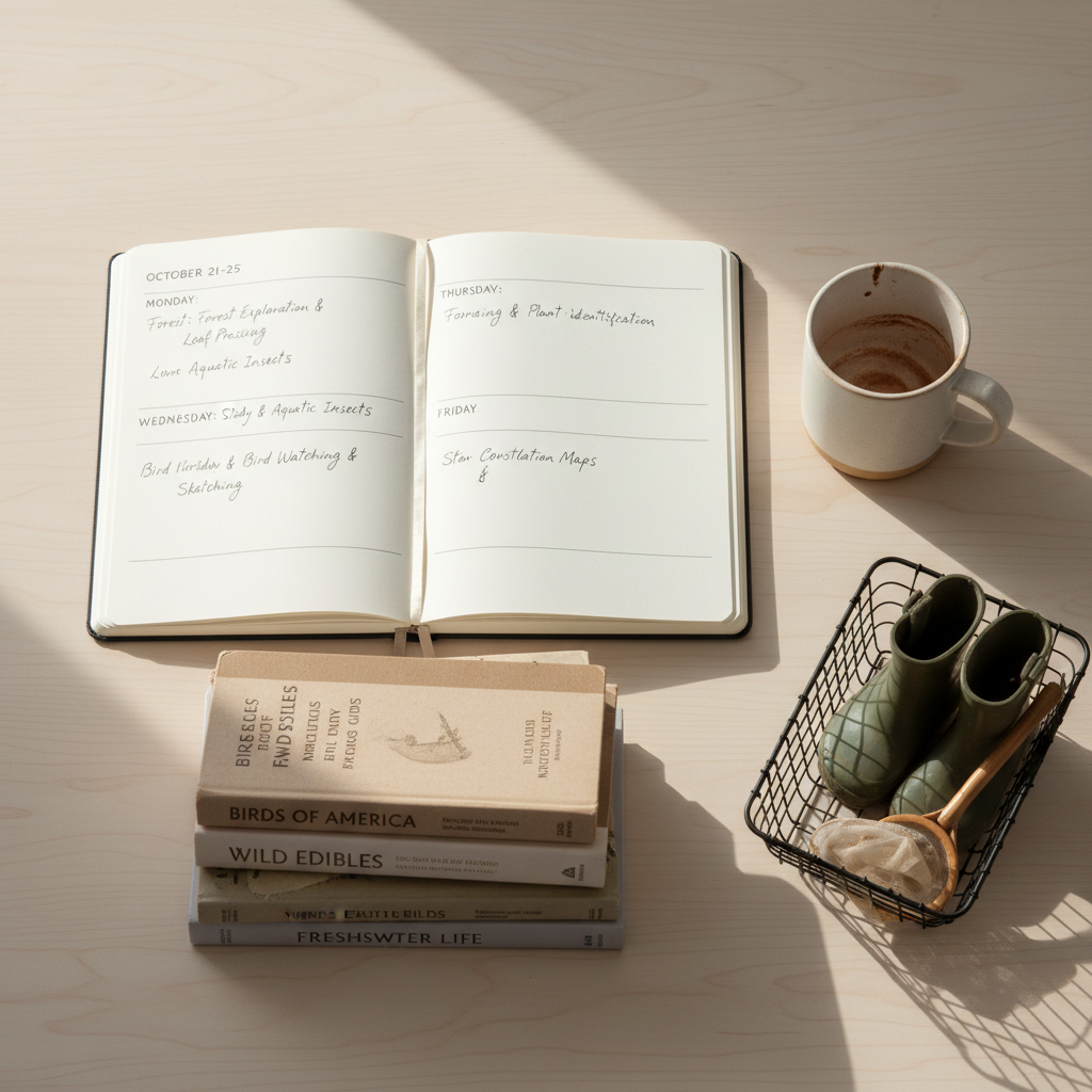 A minimalist homeschool planning desk in a neutral palette, featuring an open planner with handwritten weekly themes, a stack of nature guidebooks, and a simple ceramic mug with a faint ring of dried cocoa on the rim. To the side, a small wire basket holds tiny, mud-streaked rain boots and a folded magnifying net, signaling upcoming outdoor lessons. Soft morning light filters in from the left, illuminating the planner pages and creating delicate, controlled shadows. Photographic realism, shot from a slightly overhead angle, emphasizing clean lines and orderly arrangement. The atmosphere is calm, focused, and sophisticated, illustrating the thoughtful balance between structured homeschool planning and adventurous, muddy outdoor exploration.