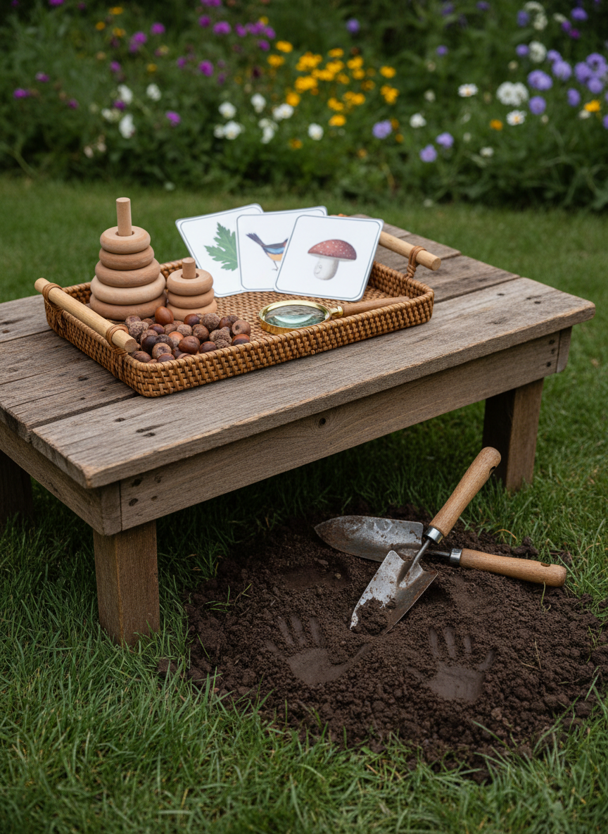 A low, rustic outdoor table made from reclaimed wood, set on slightly damp grass, holding a carefully arranged tray of toddler learning materials: wooden counting rings, smooth acorns, laminated nature cards, and a small magnifying glass. Nearby, two tiny garden trowels lie atop a patch of freshly disturbed soil, with small handprints visible. Diffused overcast light softens the scene, emphasizing rich textures in the wood, metal, and earth. Photographic realism, shot from a slightly elevated angle to show the full learning setup, with a gentle blur of a wildflower-filled yard beyond. The atmosphere is serene, intentional, and sophisticated, capturing child-led outdoor learning without showing any people.