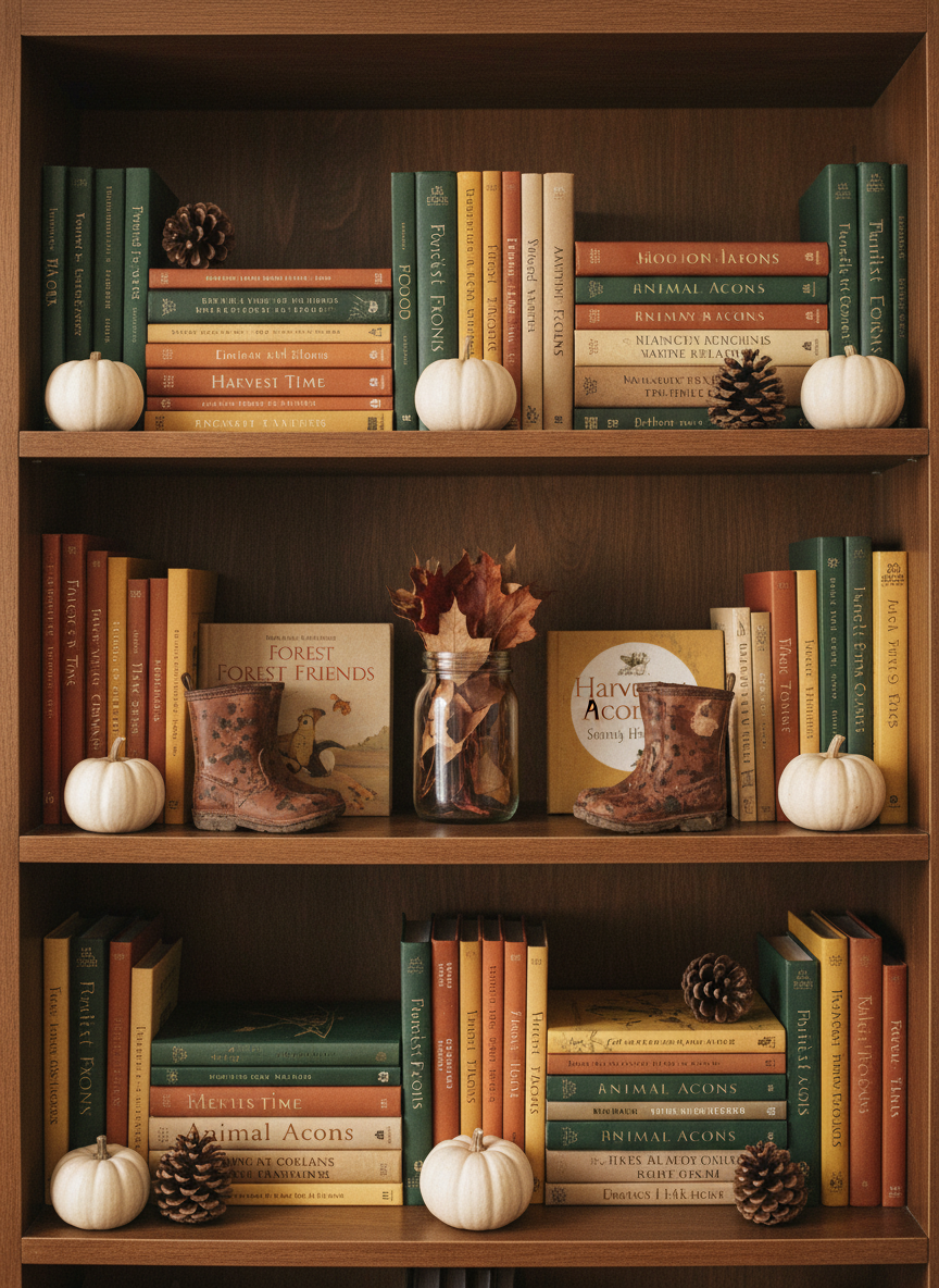 A themed bookshelf styled for an autumn homeschool unit: neatly arranged children’s books about forests, animals, and harvests, their covers in deep greens, russets, and golds. Interspersed among the books are small white pumpkins, pinecones, a glass jar of pressed leaves, and a pair of tiny, mud-splattered leather boots used as whimsical bookends. Soft, warm indoor lighting from an unseen lamp highlights the textures of paper, leather, and natural elements, casting subtle, cozy shadows along the shelves. Photographic realism with a straight-on, eye-level composition and sharp focus throughout. The mood is polished yet inviting, combining a curated, sophisticated aesthetic with the earthy charm of hands-on, seasonal learning.