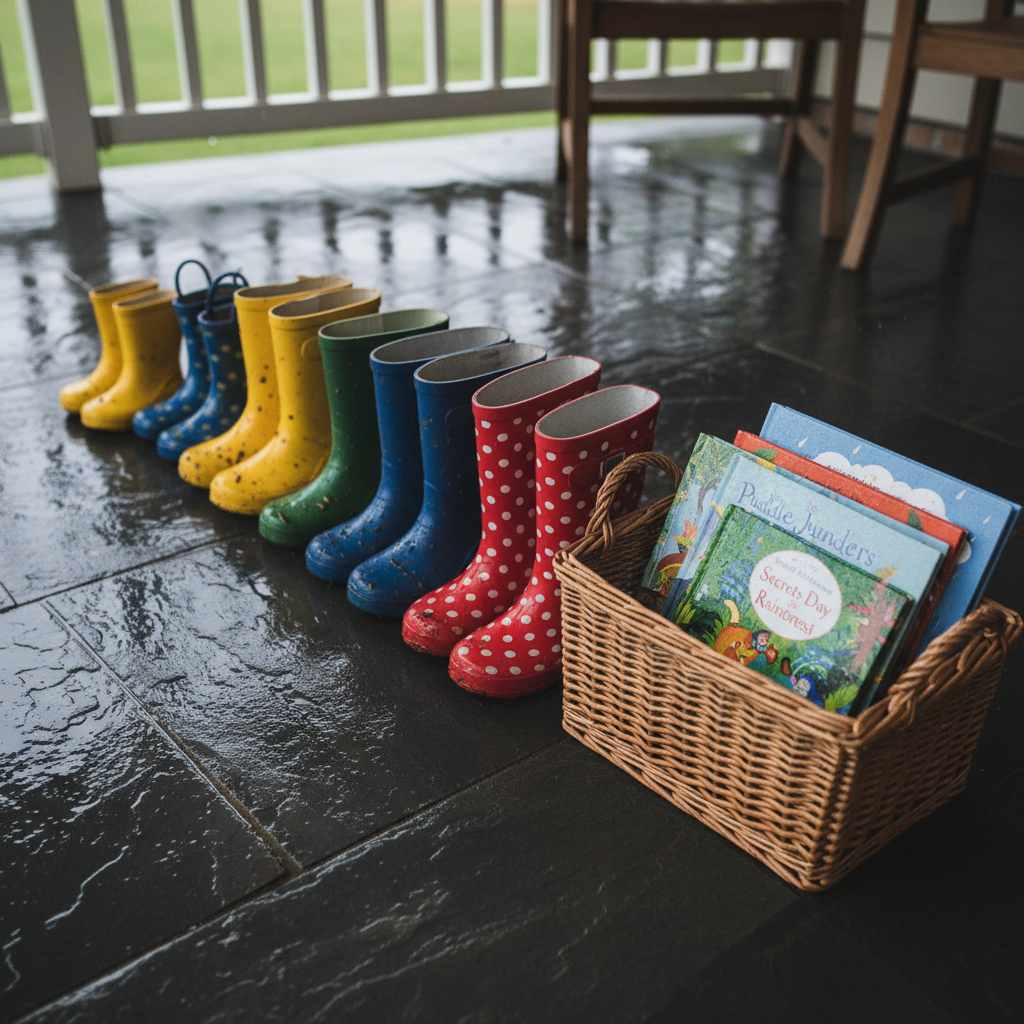 A rain-speckled back porch scene with a neat row of children’s boots of varying sizes, all splattered with fresh mud, lined up on a dark slate tile. Next to them, a wicker basket brims with carefully chosen picture books about weather, puddles, and rainforests, their glossy covers catching tiny reflections of light. Soft, cool daylight filters through the overcast sky, highlighting the wet sheen on the tiles and the boots’ rubber textures. Photographic realism, composed from a slightly elevated angle, with the basket and boots forming a gentle diagonal line. The mood is contemplative and quietly joyful, suggesting the end of a rainy-day adventure and the beginning of a cozy indoor reading session.
