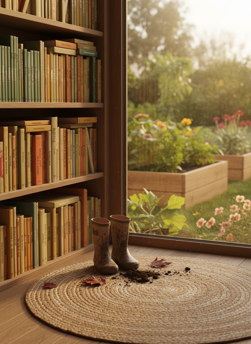 An inviting reading nook built into a deep windowsill, lined with neatly arranged children’s books in muted earth-tone spines, organized by nature themes. A pair of small, muddied boots rests on a woven jute rug below, with a few fallen leaves and specks of soil nearby. Outside the large window, an out-of-focus garden with raised beds hints at recent outdoor exploration. Late afternoon golden hour light floods in, creating a warm, tranquil glow and delicate rim lighting on the boots and book edges. Photographic realism, composed using the rule of thirds, with a calm, sophisticated mood that blends outdoor adventure and refined, bookish charm.